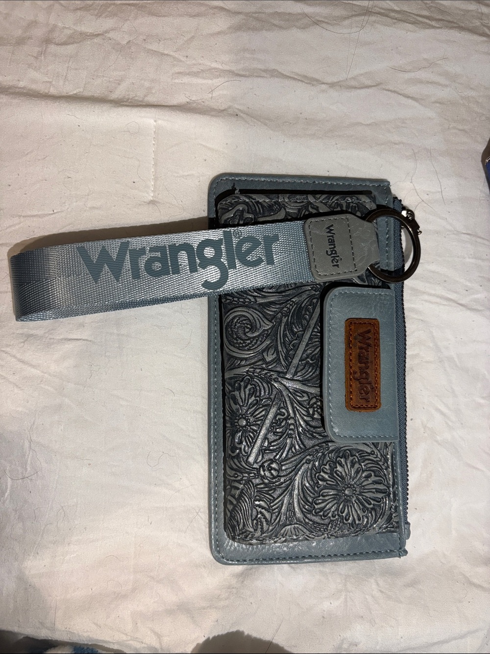Wrangler Slate Blue Embossed Floral Wristlet Wallet with Branded Strap
